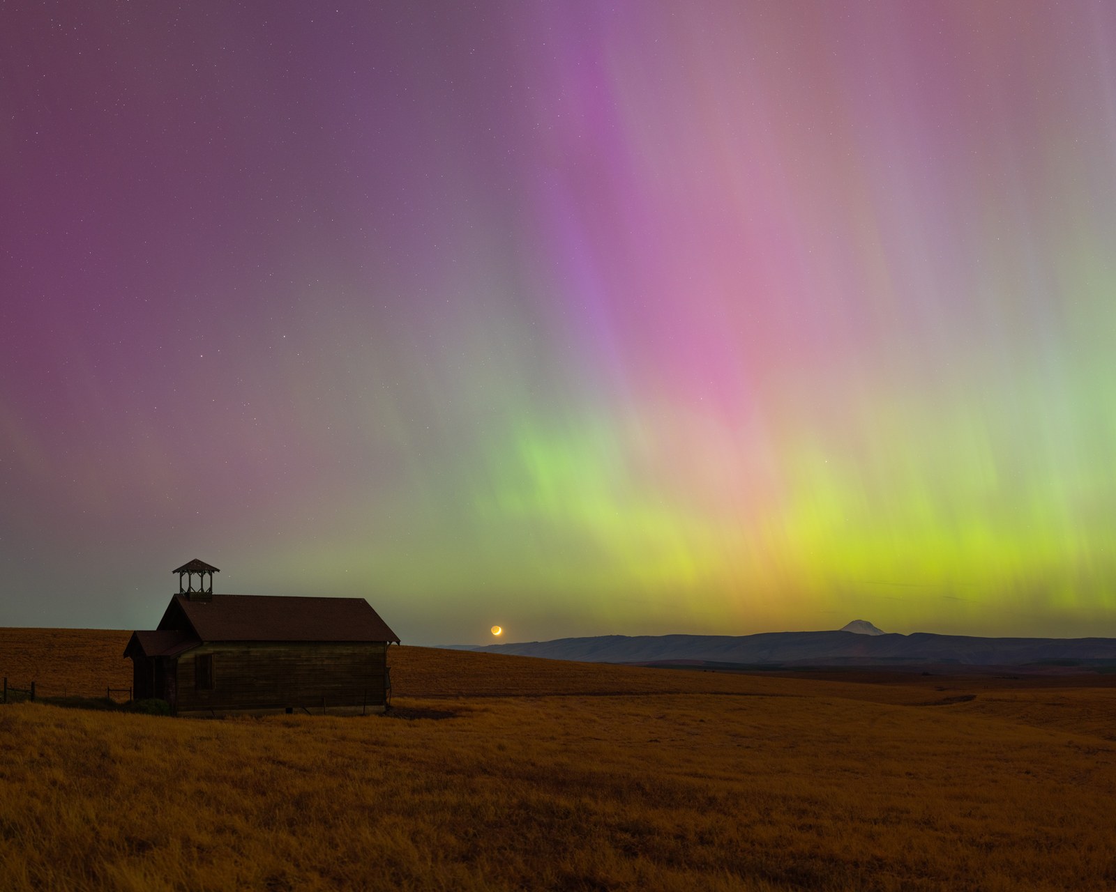 Northern lights schoolhouse crescent moon