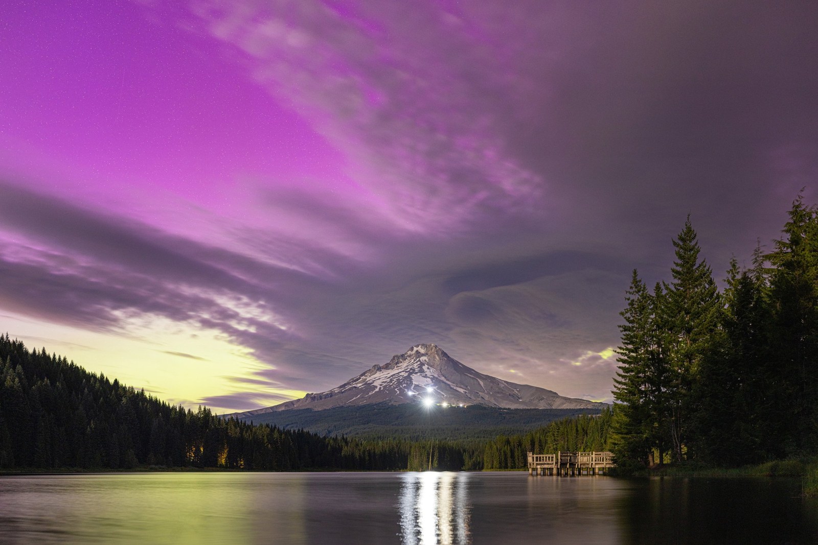 Northern lights over mount hood and lake