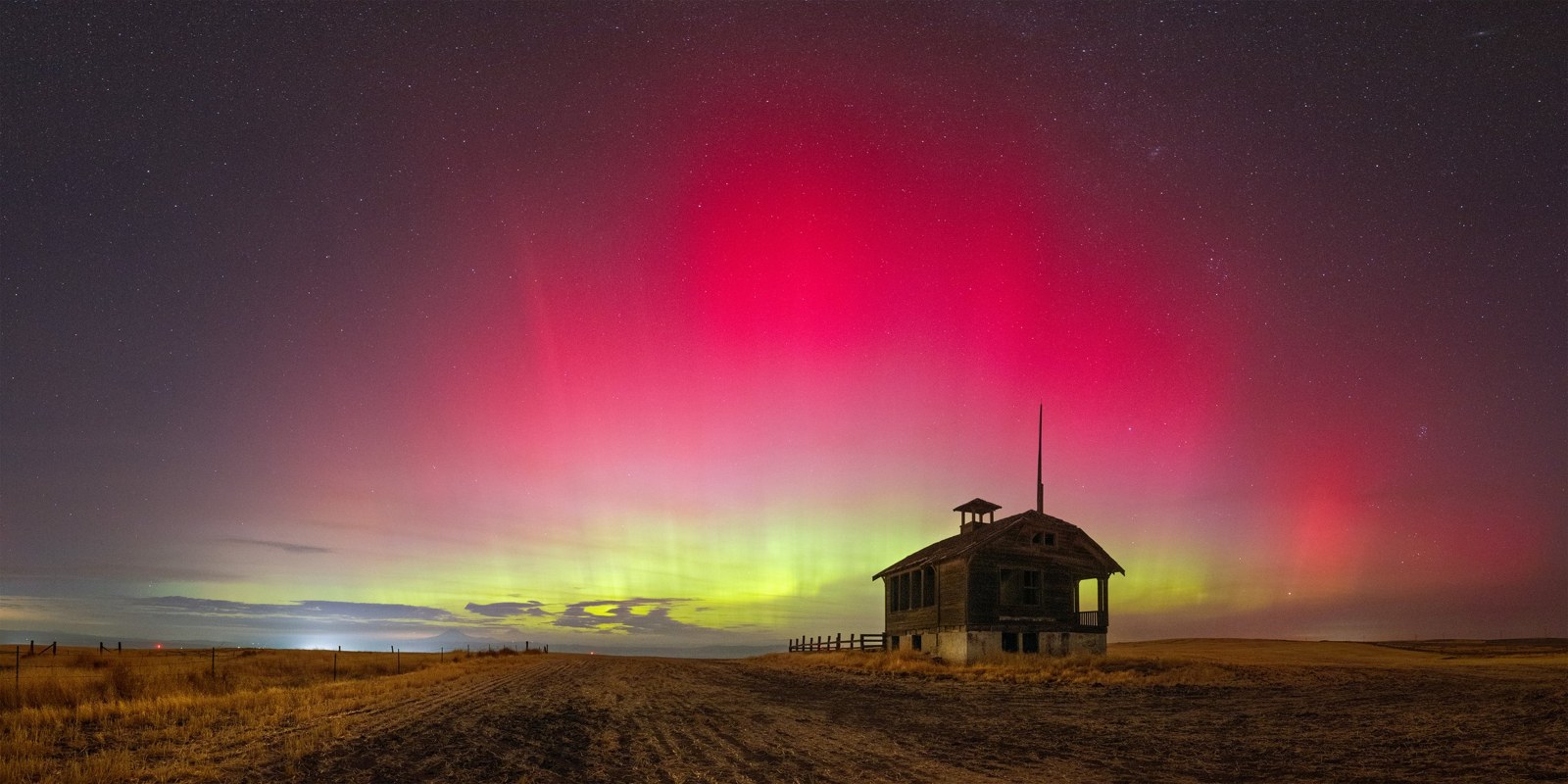 Schoolhouse red aurora panorama
