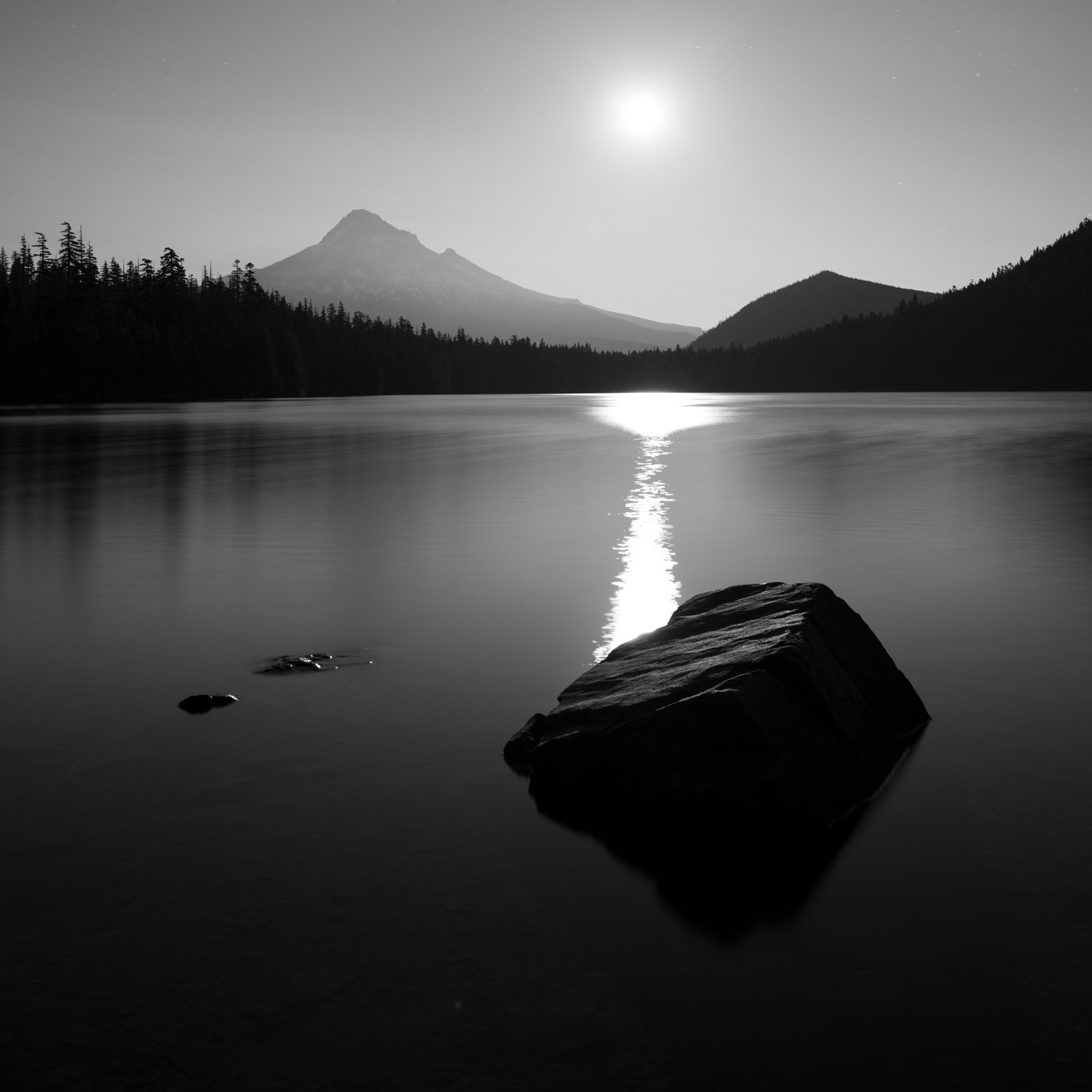 Moonlight reflection mount hood foreground rock